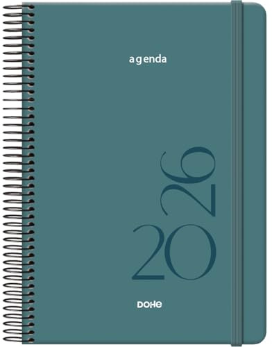 Dohe - Agenda 2026 - Tagesansicht, Größe A5 (14x20 cm), Spiralbindung und Gummiband, 12 Monate Januar bis Dezember, Jahresplaner auf Spanisch - Montana Grün