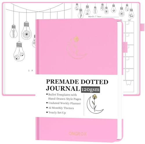 ONGROX Premade Bullet Style Notebook with Hand-Drawn Pages, Dotted Journal with Unique Pre-Made Bullet Templates, Undated Planner with Weekly Spreads & Monthly Themes, 12 Months, A5 Linen Hardcover