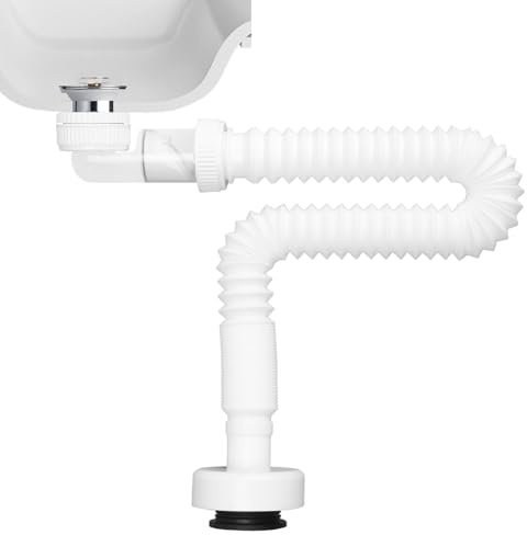 GAESHOW Sifone da 1 1/4 Pollici Estensibile, Tubo di Scarico Flessibile con Chiusura Antiodore, Sifone Lavabo Bagno, Scarico Lavandino Cucina, Bianco