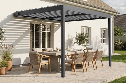 Cazeboo Pérgola bioclimática adosada Piana de 3x2,5 m en Aluminio Gris Antracita con 1 Lama de privacidad.