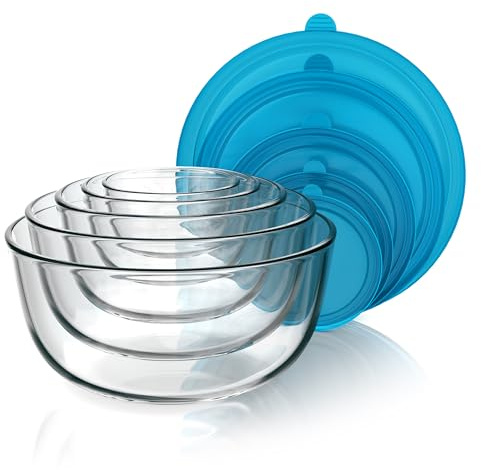 Arendo - Rührschüsseln aus Glas mit Deckel - Glasschüssel 5er Set - 1000ml + 1500ml + 2000ml + 2700ml + 4400ml – Rührschüsseln klein bis groß – Borosilikatglas - Salatschüssel Glasschale