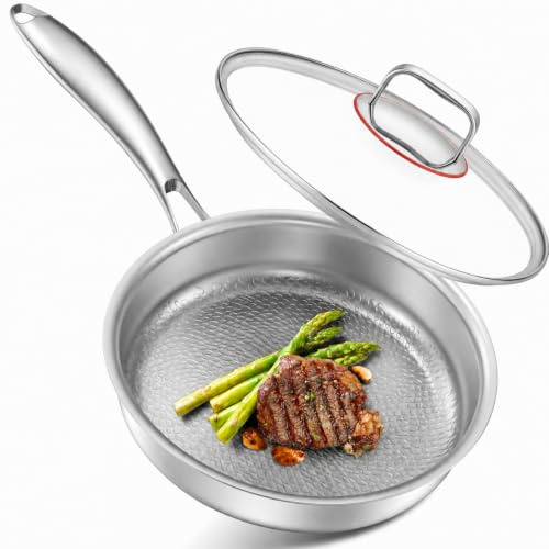 Abijan Titanium Frying pan Non Coated, 28cm Stainless Steel Frying Pan with Lid, 5-Ply Construction Stainless Steel Pan, Titanium Pans for Cooking Non Toxic for All hobs, PFOA-Free, Fast&Even Heat