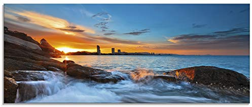 ARTland Wanddeko Glasbilder Wandbild Glas Bild einteilig 125x50 cm Querformat Hua Hin Strand Thailand Südsee Meer Felsen Sonnenuntergang Küste Natur S6EG