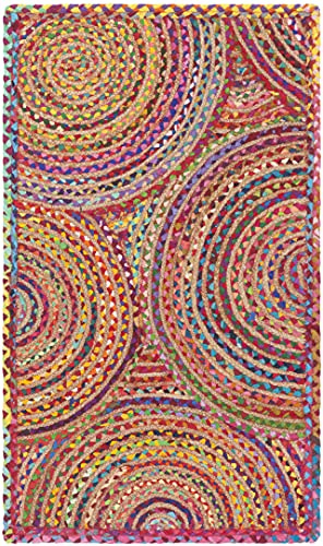 SAFAVIEH Cape Cod Collection Accent Rug - 2' x 3', Red & Multi, Handmade Boho Braided Circles Jute & Cotton, Ideal for High Traffic Areas in Entryway, Living Room, Bedroom (CAP203A)