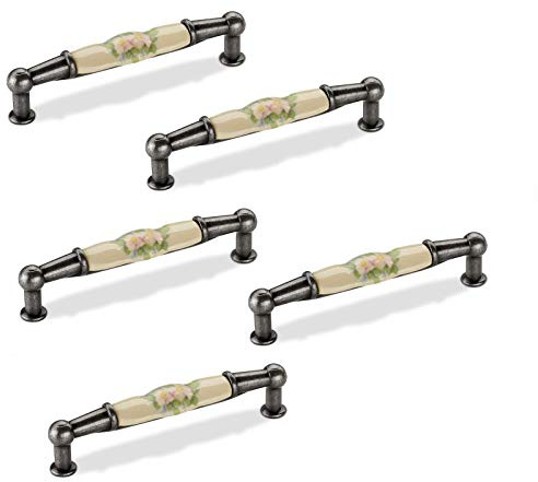 SOTECH 5 x Möbelgriff ETTA BA 96 mm Porzellan/Altsilber creme Blume | Höhe 26 mm Landhausgriff Küchengriff Schubladengriff Türgriff Porzellangriff
