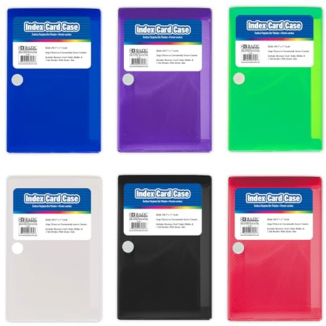 BAZIC PRODUCTS Index Card Case with 5 Tab Dividers – Durable Plastic 3x5 Flash Card Organizer and Storage Holder, 100-Card Capacity, Ideal for School, Office, and Study Use, 6-Pack