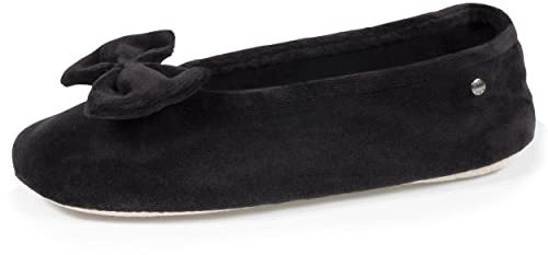 Isotoner Sehr bequeme Ballerina-Hausschuhe für Damen, aus Bio-Baumwolle und Sohle aus Leder, große Schleife, Schwarz , 41/42 EU