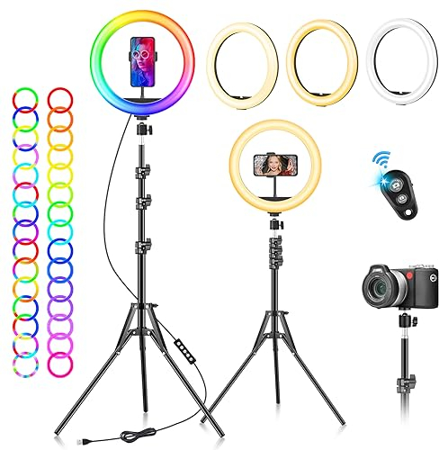 Ring Light with Tripod Stand & Phone Holder - 10 inch Selfie LED Ringlight Dimmable Desktop Lamp 40 Colors RGB Tall Circle Light for Camera Makeup Video YouTube Live Streaming Zoom Meeting