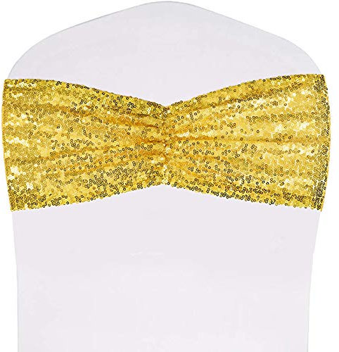 SquarePie Pack of 50 Sequin Chair Sashes Glitter Gold Bows Bands for Wedding Banquet Party Chair Covers Decor