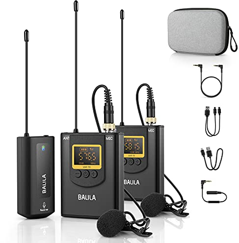 BALILA Double Micro Cravate sans Système Fil pour Android Smartphone,Camera - Rechargeable UHF Microphone Lavalier avec 2 émetteurs et 1 Récepteur pour l'enregistrement Youtube Podcast