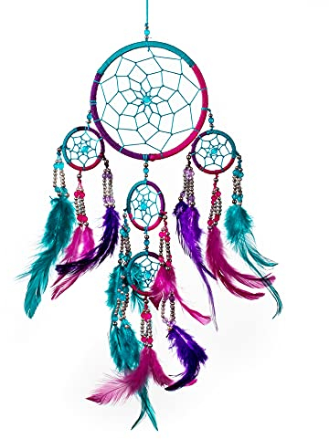 Pink Pineapple Dreamcatcher bunt mit Federn und Silber Perlen: Handgemachter Traumfänger in Vielen Farben - Türkis Blau, Rosa, Lila, Kleiner Traumfänger (Mit 12 cm Durchmesser und 35 cm Lang)