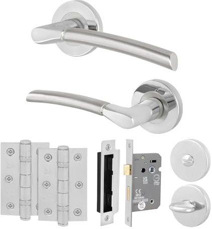 EAI Polished Chrome Door Handles with Bathroom Lock 64mm, Hinges - Bova | Complete Bathroom Kit with 1 Pair of Round Rose Door Handles, 64mm Lock, 76mm Hinges and Thumb Turn Set, Fixings Included