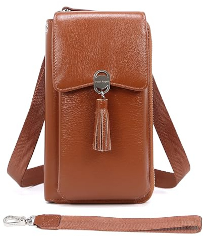 Pearl Angeli Kleine Umhängetaschen Damen, Leder Handytasche | RFID-Blockierung Handy Wallet, Crossbody Bag mit Verstellbar Schultergurt und Abnehmbar Armband, Tassel