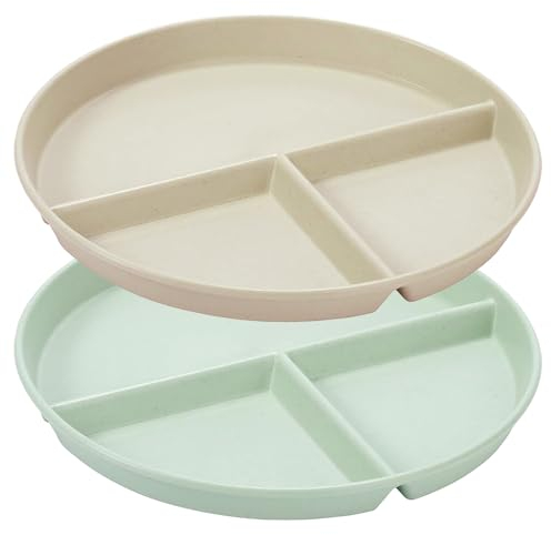 sukevitor 2Pcs Divided Plates, Reusable Divided Plastic Tray Three Divided Round Plate Dish Tray, Dinnerware Divider Plates Microwave and Dishwasher Safe