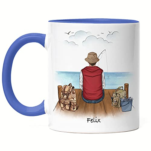 Kiddle-Design Angler Tasse Blau Personalisiert Individuell mit Name Angeln Fischen Geschenk Opa Vater zum Vatertag Angelschein Wunschname