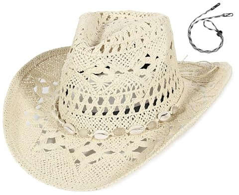 EOZY Men & Women's Summer Cowboy Cowgirl Straw Hat Hollow Out Style Roll Up Brim Beach Sun Hat for Ladies Beige