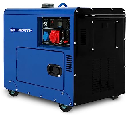 EBERTH 5000 Watt Notstromaggregat Diesel, Stromerzeuger Stromgenerator mit 10 PS Dieselmotor, 4-Takt, E-Start, 3-Phasen, 1x 400V, 1x 230V, 1x 12V, Automatischer Voltregler AVR, Gehäuse, Griffe, Räder