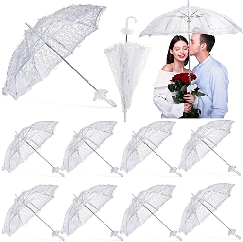 Amylove 12 Pcs White Lace Parasol Umbrella Bulk Wedding Umbrella for Bridesmaids and Bridal Flower Photo Prop Vintage Decoration Lady Costume 1920s Party and Tea Party