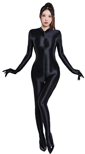 Jungerhouse Damen sexy Bodystocking Dessous Offener Schritt Strumpfhose Glänzende Öl Ganzkörper Reizwäsche Durchsichtiges Babydoll Netzsocken Erotik Jumpsuit Dessous (Schwarz,Einheitsgröße)