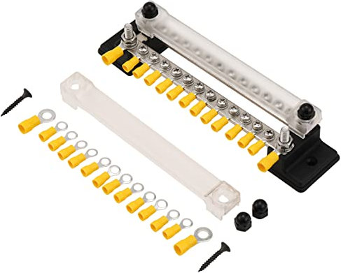 Greluma 1 Stück 150 A Stromverteilerblock-Sammelschiene mit Ringklemmen, Zweireihige 12-Wege-Sammelschiene für Auto, Marine, Boot, 4 x M6-Bolzen, 24 x M4-Schraube