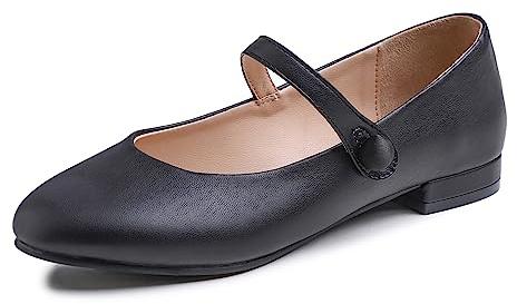Feversole Mary Jane lack damskor platta pumps stängda bekväma skor, Platt klack i svart Napa, 37 EU