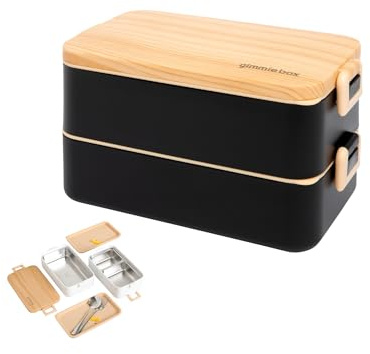 gimmiebox premium stainless steel bento box lunch box with compartments for adults, spoon and fork, leak-proof, easy side locks (Black)