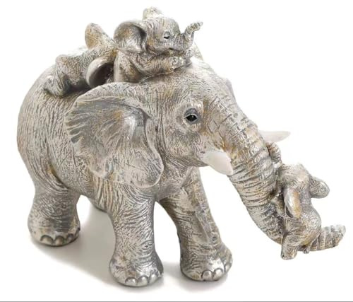 Irayin Elefanten Deko Figuren, Elefant Statue, Mama Geschenk, DREI Elefantenbabys schlafen auf Einer Elefantenmutter, Dekoration für Wohnzimmer, Büro, Bücherregal, Schlafzimmer - Silber