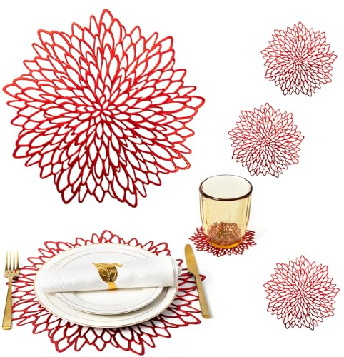 Red Placemats Table Mats Set of 8 Red Charger Plates Place Mats & 8 Pcs Coasters Modern Holiday Wipeable Round Vinyl Placemats Kitchen Farmhouse Christmas Wedding Dinner Dining Table Decor Setting