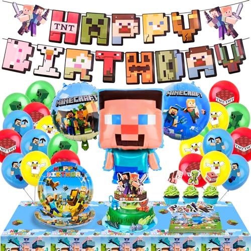 WuGU 73Pcs Videospiel Geburtstags Dekoration,Videospiele Kinder Geburtstag Dekoration Partyzubehör,Pappteller Serviette Tischdecke Ballon Banner für Kindergeburtstag Jungen Tischdeko Party Supplies