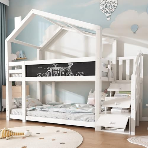 Rtopsu Letto per Bambini a Castello 90x200 cm, con Scaletta e Contenitore Cassetti, Letto a Soppalco con Parapetto e Pannelli, con Rete a Doghe, Bianco, Senza Materasso