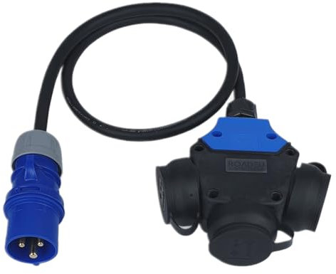 RoadEu - Adaptateur Prise Caravane - Fiche Mâle 3P 230V à Prise Triple 2P+E - Câble en Caoutchouc 3m Cordon Adaptateur