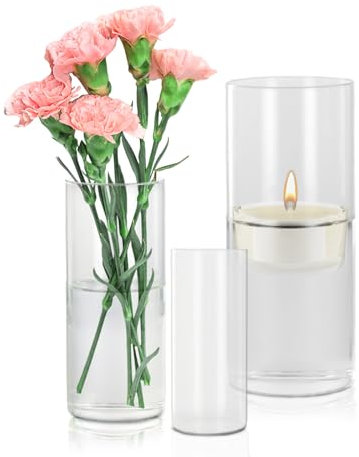 3 Pack Cylinder Glass Flower Vase Clear, Hurricane Candle Holder Sleeve, Pillar Floating Candles Holder for Centrepieces, Round Clear Tall Vases for Dining Living Room Home Decor (10+15+20cm)