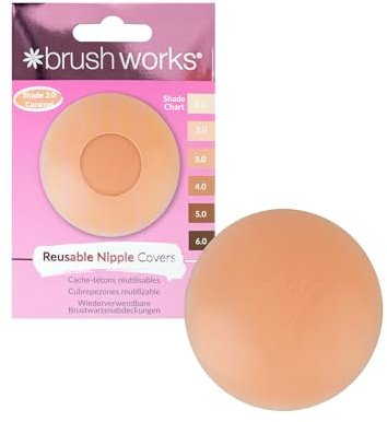 Brushworks Reusable Silicone Nipple Covers (Shade 3.0 - Caramel) - Adhesive Pasties for Invisible Coverage Under T Shirts, Crop Tops & Backless Dresses, Vegan & Cruelty Free Beige