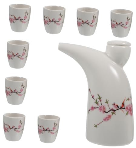 Mikinona Ceramic Sake Jug and Eight Ceramic Tea Cups Set Traditional Rice Wine Serving Bottle Yellow Wine Decanter Spring Style Porcelain Liquor Serving Set for Home and Party