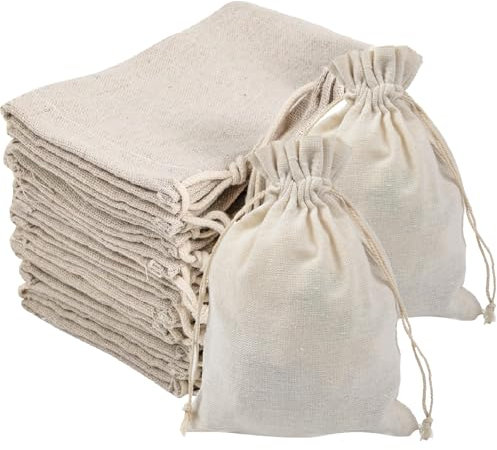 L&W Luck 24 Stücke Baumwollbeutel, 8x10 cm Stoffsäckchen, Jute Beutel mit Kordelzug, Jutesäckchen Wiederverwendbare für Party, Schmuckbeutel, Weihnachten (Beige)