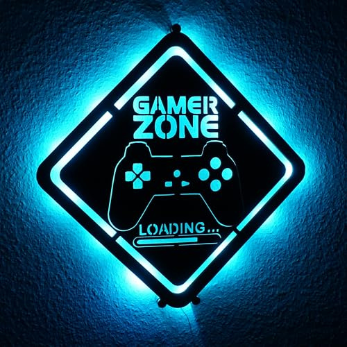 Namofactur personalisierte Gamer-Zone-Wandlampe aus Holz mit LED | Mit Wunschname – in verschiedenen Farben und Größen sowie mit warmweißer LED- oder RGB-Beleuchtung wählbar