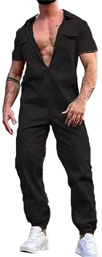 Einteiler, Overall, Herren, Damen, wasserdicht, trendig, für Herren, lässig, mit Reißverschluss und Bund, Arbeitsoverall, Schwarz , L