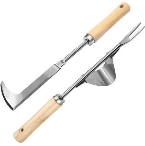 NEWJEK 2 Stück Unkrautstecher, Unkrautgabel Edelstahl, Manueller Weeder mit Naturholz Griff, Garten Unkrautjäter, Wurzeljäter für Jäten Ihres Gartens Lösen Umpflanzen Entwurzeln