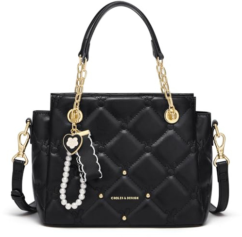 Cnoles Elegant Gesteppte Damenhandtasche, Kunstleder mit Goldkette, Perlenanhänger & Schulterriemen Designer-Handtaschen