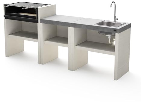 TUOZI - PACK 5 – VENIT FLEX – Cocina de Exterior Modular con Barbacoa de Obra para Carbón y Leña, Conjunto con Parrilla de Acero, Fregadero y Superficie de Trabajo (156 x 47 x 95 cm)