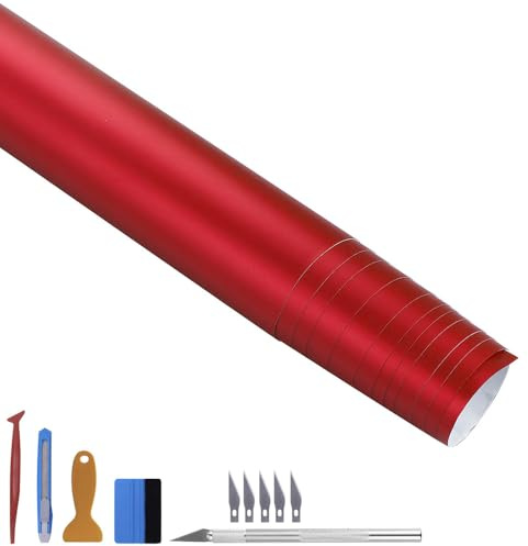 NewL Satin-Matt Rot Chrom-Metall Vinylfolie Autofolie 30cm x 300cm | Satin-Matt-Oberfl., wiederpositionierbarer Kleber, selbst zuschneidbar, Montagewerkzeug inkl., für Auto & Motorrad geeignet