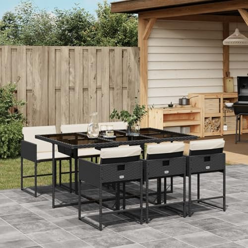 Gecheer 7-TLG. Garten Essgruppe 6 Personen Gartenmöbel Set, Sitzgruppe mit 6 Gartenstuhl+1 Glasplatte Tisch, Gartenlounge Set Gartenset Balkonmöbel Set Gartengarnitur mit Kissen Schwarz Poly Rattan