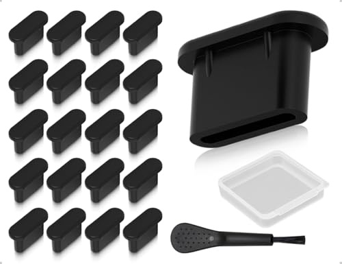 Emezddo 20 stycken USB C dammskydd, silikon skyddskåpa, plugg, smartphone laddningsuttag skydd med rengöringsborste och låda, kompatibel med Type-C mobiltelefon surfplatta tillbehör (svart)