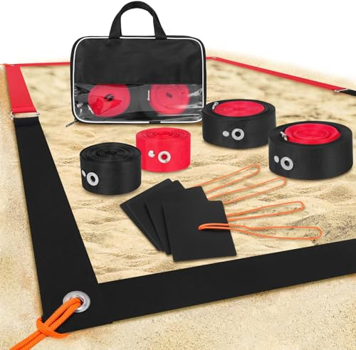 IQSTRP Strapazierfähige Beachvolleyball-Linien für Sand – tragbares 5,1 cm Gurtband-Set für den Außenbereich + Sandanker und Netztasche Offizielle AVP/FIVB Court Size Dimensions (66,3 x 52,6 Zoll)