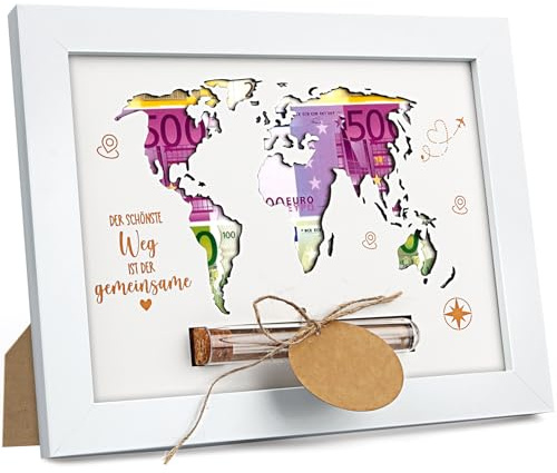Geldgeschenke zur Hochzeit, Bilderrahmen Geldgeschenk mit Holz Weltkarte, Hochzeitsgeschenke für Brautpaar Geld, Personalisierbar im Reagenzglas und Herz-Anhänger (Weiß)