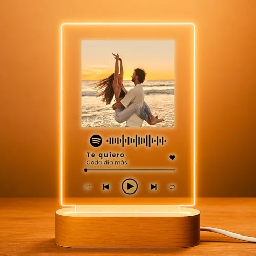 Cristal Plaque - Lámpara Personalizada con Foto y Diseño Musical| Lámpara para Fotos con Luz LED y Base de Madera | Regalo Único para Pareja y Aniversario | Placa Personalizada | Decoración Hogar