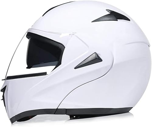 Casque Modulaire Casque De Moto Rabattable Casque De Moto Intégral à Double Lentille avec Pare-Soleil Intérieur Casques De Moto De Course Dot, White, Head circumference/61-62cm