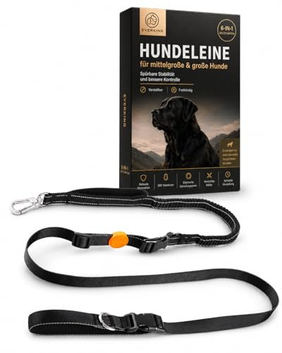 EVERKING Joggingleine Hund mit Bauchgurt – Freihandleine & Hundeleine für große Hunde – Verstellbare Bungee Leine mit Kontrollgriff & Autosicherungs-Clip für Joggen & Alltag (Schwarz)