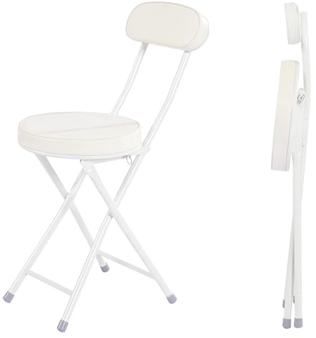 Sgabello pieghevole con schienale, sgabello alto imbottito sedia da bar rotonda portatile, for bancone del soggiorno(White)