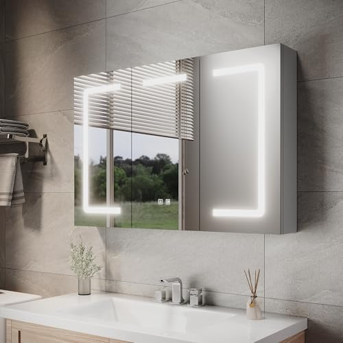 ELEGANT LED Bathroom Mirror Cabinet with Shaver Socket, Grey, 900x600mm | Shaver Socket, Fully Assembled, 3 Colors Dimmable, Anti-Fog, Wall Mounted Cabinet, Illuminated Triple Door Mirror Cabinet